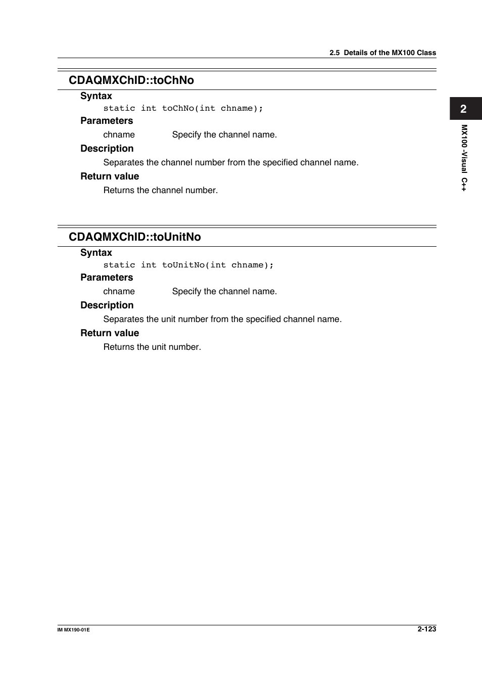 2cdaqmxchid::tochno, Cdaqmxchid::tounitno | Yokogawa PC-Based MX100 User Manual | Page 146 / 1264