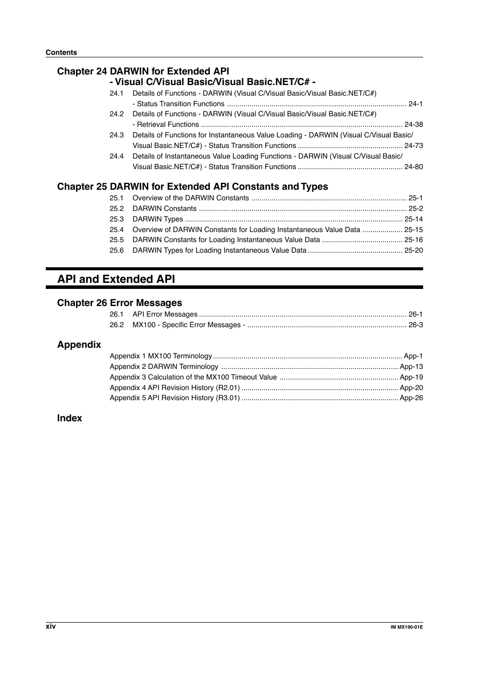 Api and extended api, Chapter 26 error messages, Appendix | Index | Yokogawa PC-Based MX100 User Manual | Page 15 / 1264