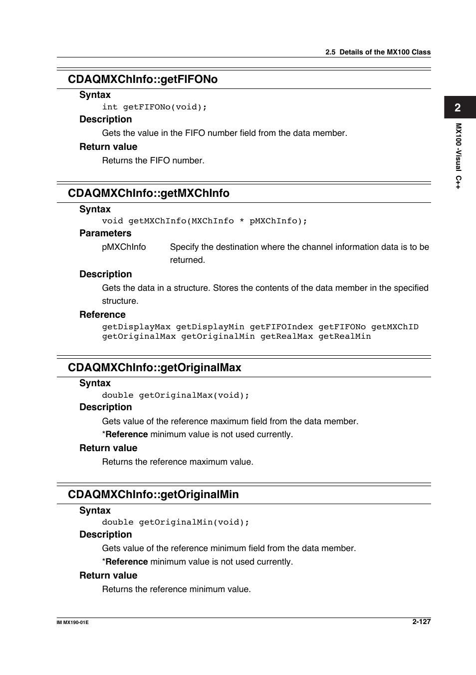 2cdaqmxchinfo::getfifono, Cdaqmxchinfo::getmxchinfo, Cdaqmxchinfo::getoriginalmax | Cdaqmxchinfo::getoriginalmin | Yokogawa PC-Based MX100 User Manual | Page 150 / 1264