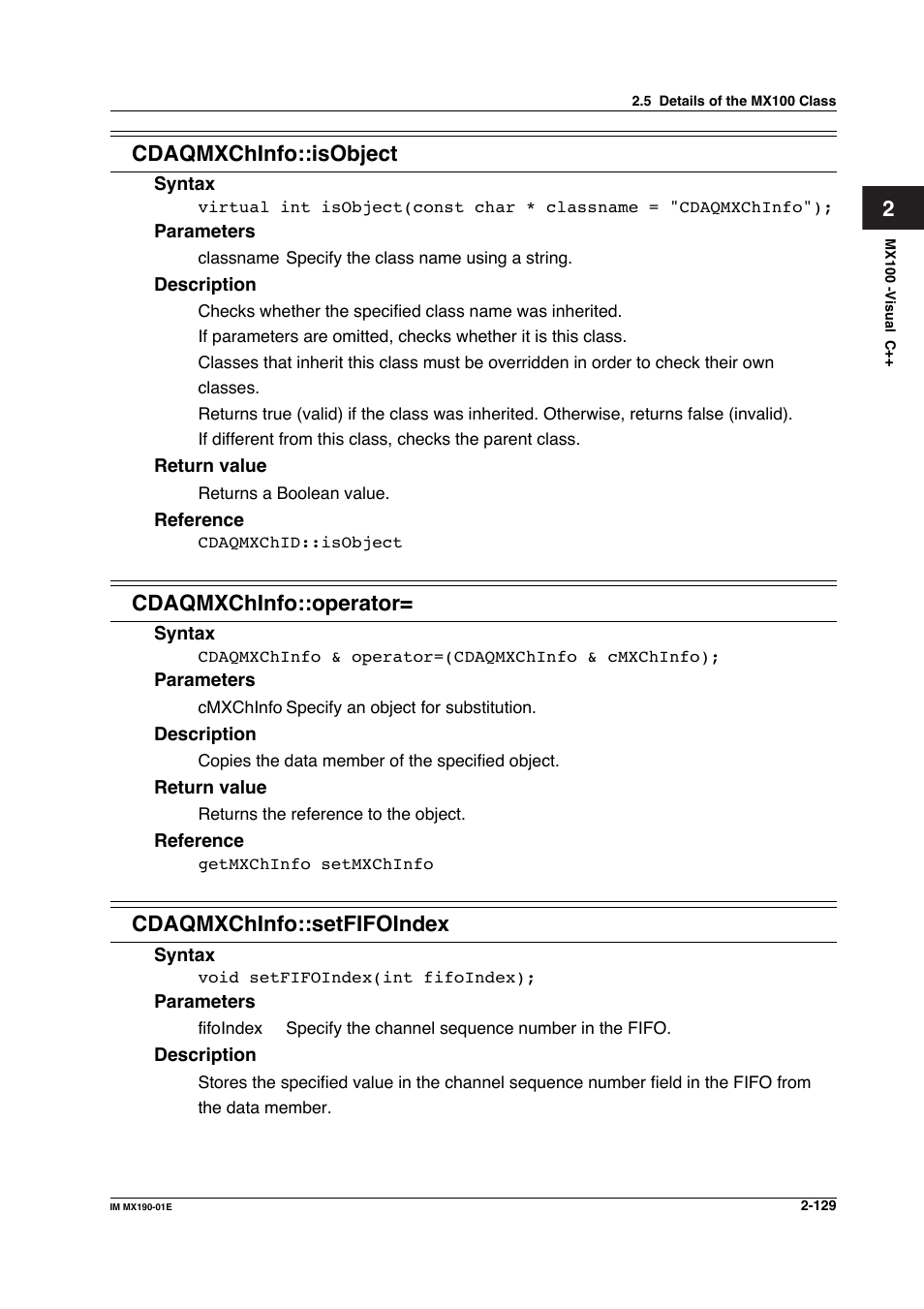 2cdaqmxchinfo::isobject, Cdaqmxchinfo::operator, Cdaqmxchinfo::setfifoindex | Yokogawa PC-Based MX100 User Manual | Page 152 / 1264