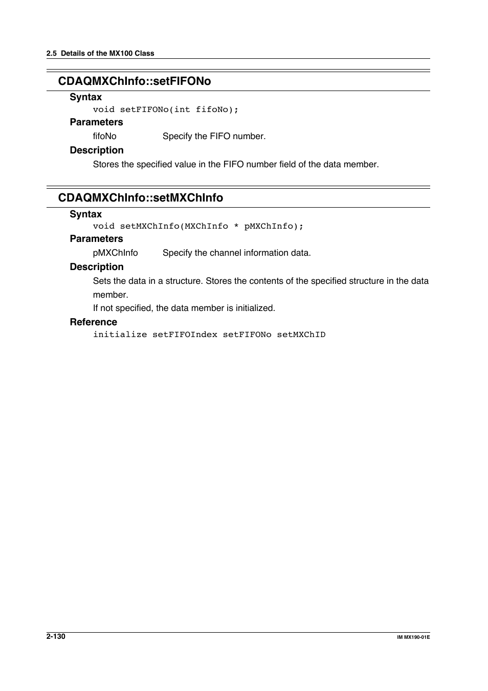 Cdaqmxchinfo::setfifono, Cdaqmxchinfo::setmxchinfo | Yokogawa PC-Based MX100 User Manual | Page 153 / 1264