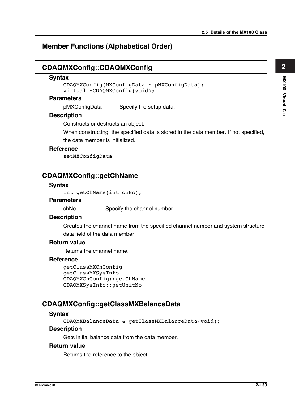 Cdaqmxconfig::getchname, Cdaqmxconfig::getclassmxbalancedata | Yokogawa PC-Based MX100 User Manual | Page 156 / 1264