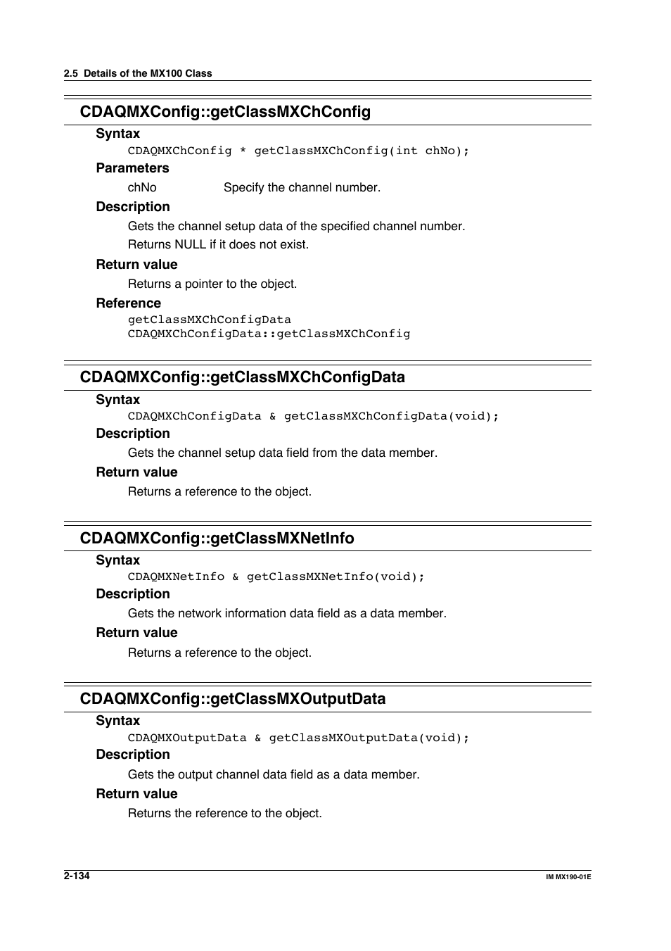 Cdaqmxconfig::getclassmxchconfig, Cdaqmxconfig::getclassmxchconfigdata, Cdaqmxconfig::getclassmxnetinfo | Cdaqmxconfig::getclassmxoutputdata | Yokogawa PC-Based MX100 User Manual | Page 157 / 1264