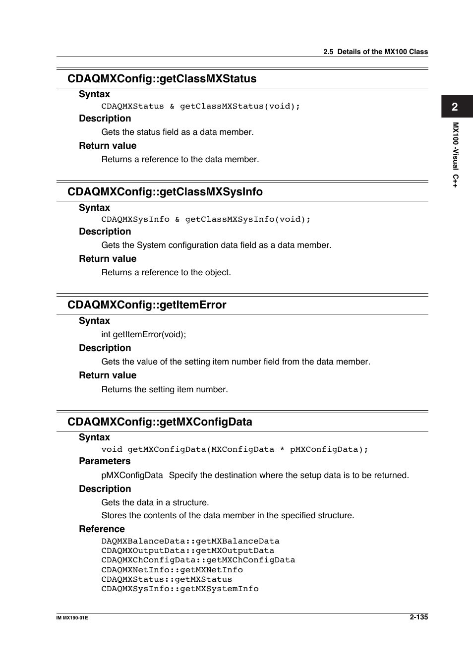 2cdaqmxconfig::getclassmxstatus, Cdaqmxconfig::getclassmxsysinfo, Cdaqmxconfig::getitemerror | Cdaqmxconfig::getmxconfigdata | Yokogawa PC-Based MX100 User Manual | Page 158 / 1264