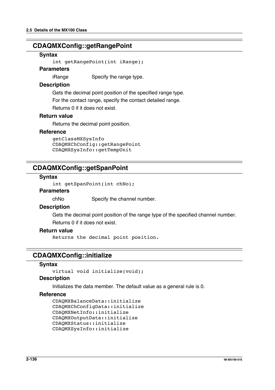 Cdaqmxconfig::getrangepoint, Cdaqmxconfig::getspanpoint, Cdaqmxconfig::initialize | Yokogawa PC-Based MX100 User Manual | Page 159 / 1264