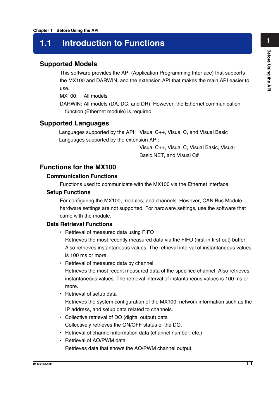 Chapter 1 before using the api, 1 introduction to functions, Introduction to functions -1 | Supported models, Supported languages, Functions for the mx100 | Yokogawa PC-Based MX100 User Manual | Page 16 / 1264