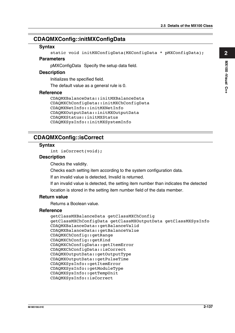 2cdaqmxconfig::initmxconfigdata, Cdaqmxconfig::iscorrect | Yokogawa PC-Based MX100 User Manual | Page 160 / 1264