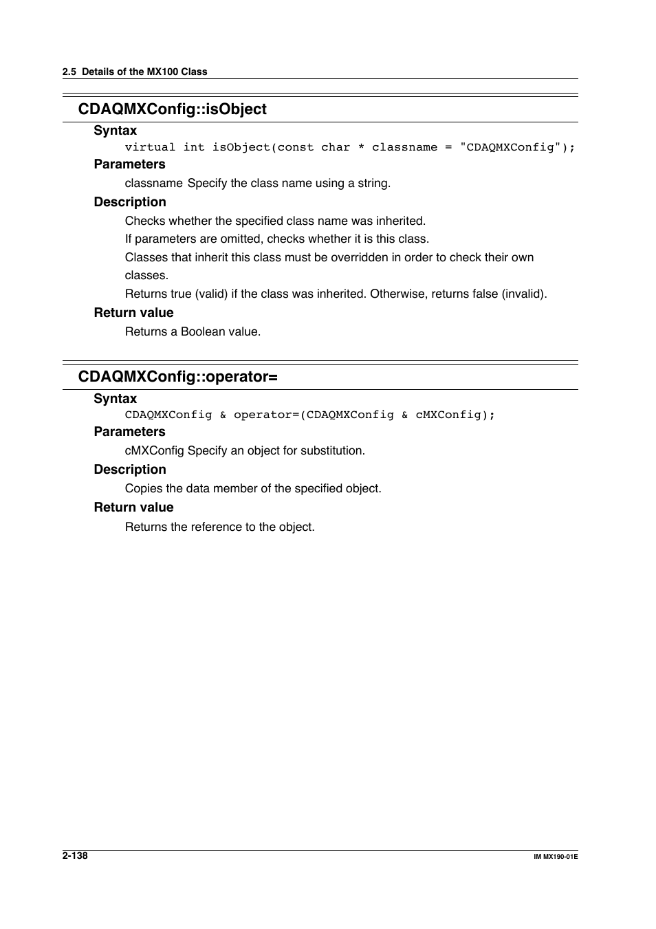 Cdaqmxconfig::isobject, Cdaqmxconfig::operator | Yokogawa PC-Based MX100 User Manual | Page 161 / 1264