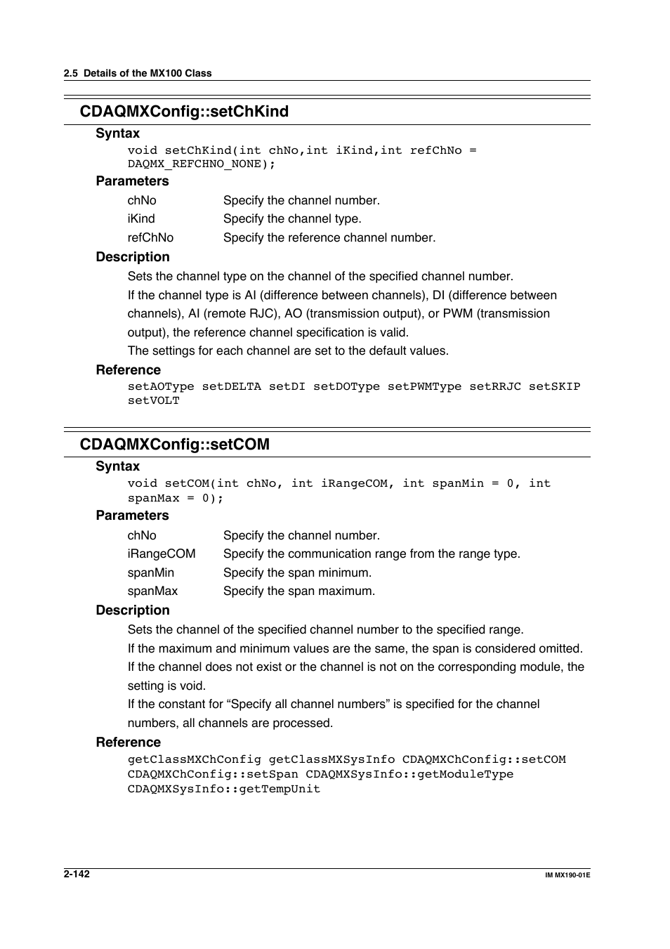 Cdaqmxconfig::setchkind, Cdaqmxconfig::setcom | Yokogawa PC-Based MX100 User Manual | Page 165 / 1264