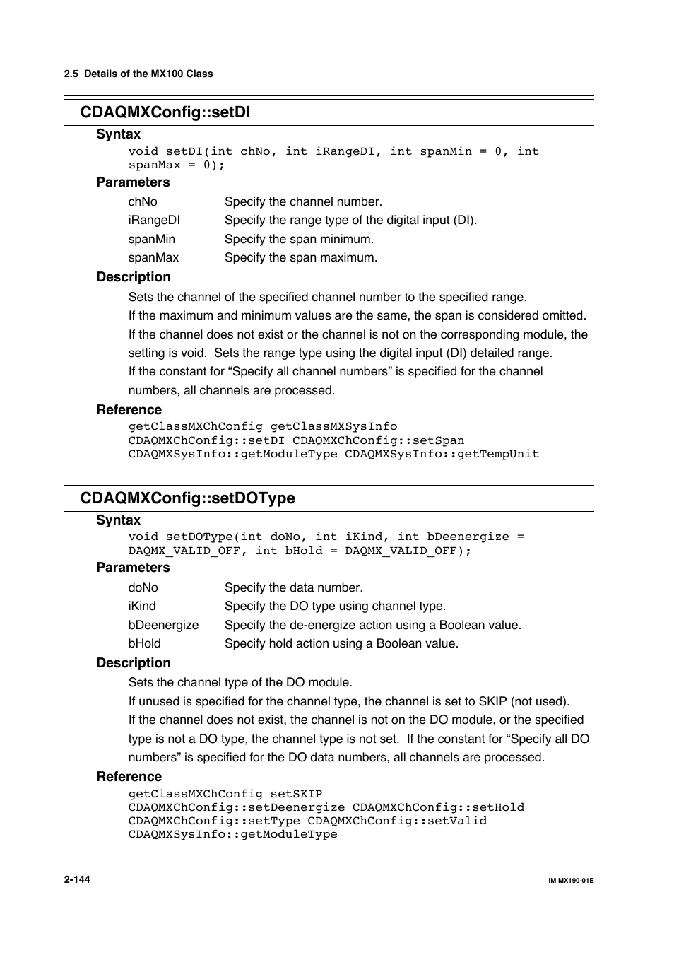 Cdaqmxconfig::setdi, Cdaqmxconfig::setdotype | Yokogawa PC-Based MX100 User Manual | Page 167 / 1264