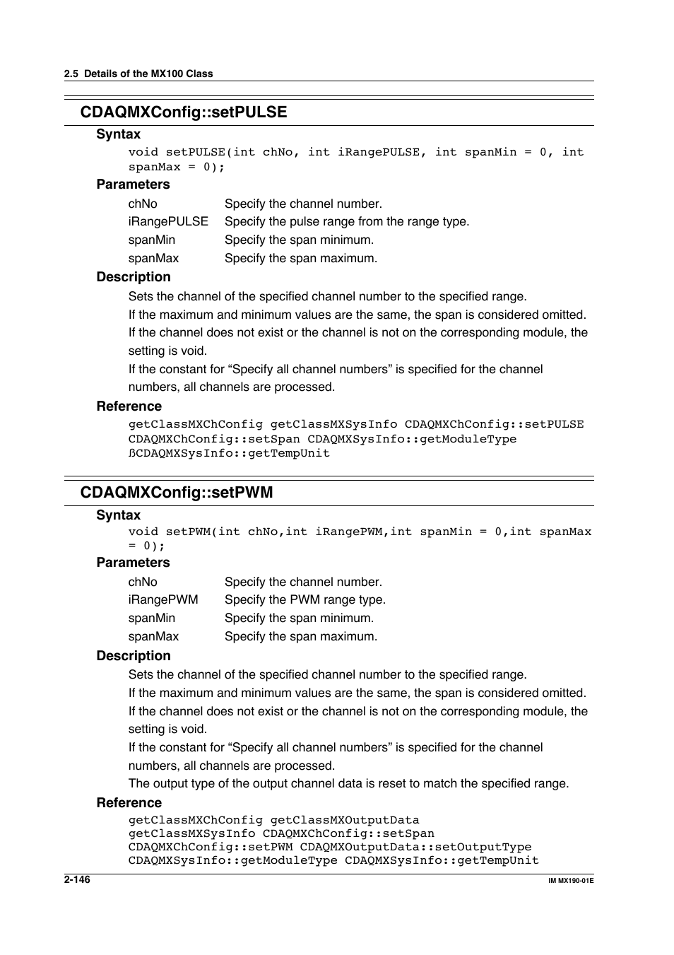Cdaqmxconfig::setpulse, Cdaqmxconfig::setpwm | Yokogawa PC-Based MX100 User Manual | Page 169 / 1264