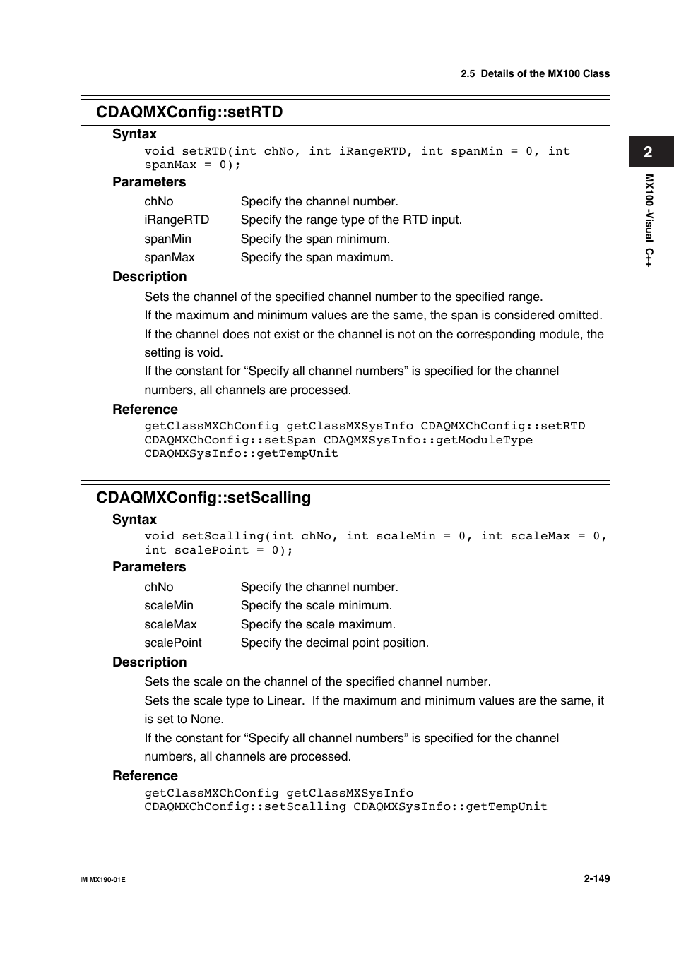 2cdaqmxconfig::setrtd, Cdaqmxconfig::setscalling | Yokogawa PC-Based MX100 User Manual | Page 172 / 1264