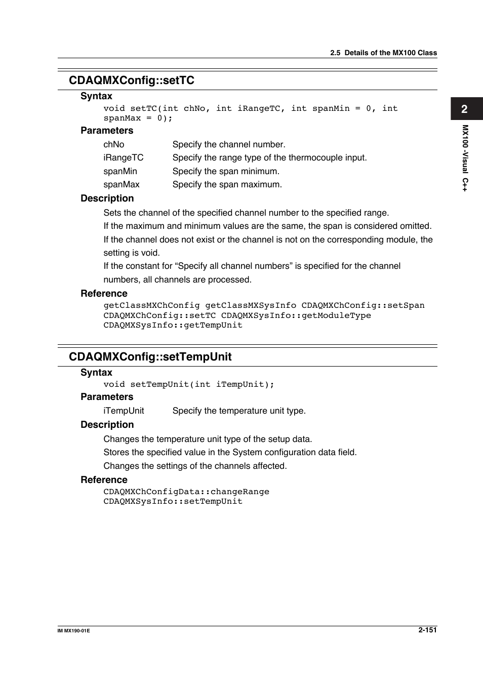 2cdaqmxconfig::settc, Cdaqmxconfig::settempunit | Yokogawa PC-Based MX100 User Manual | Page 174 / 1264