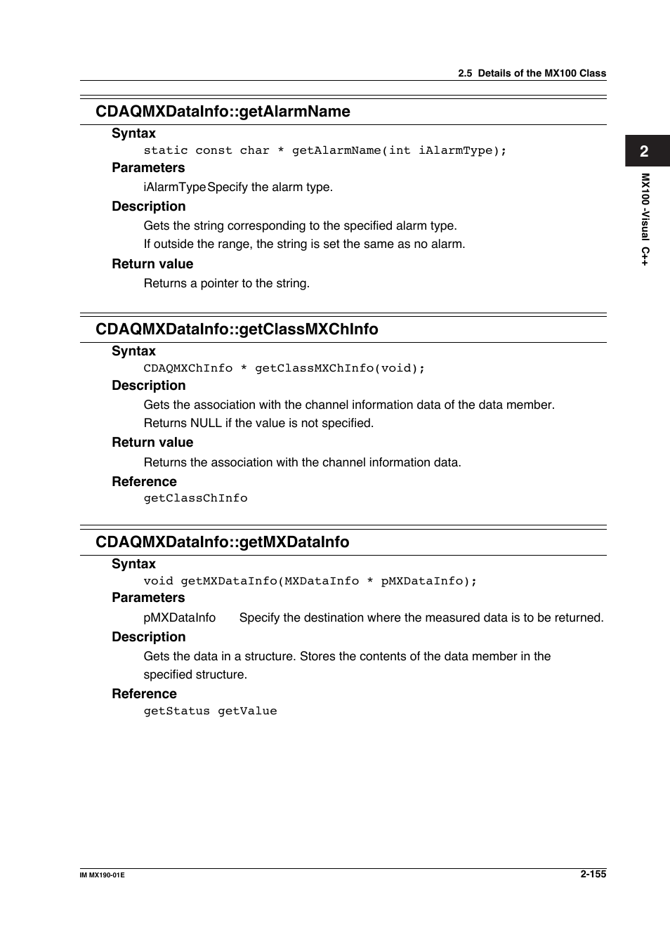 2cdaqmxdatainfo::getalarmname, Cdaqmxdatainfo::getclassmxchinfo, Cdaqmxdatainfo::getmxdatainfo | Yokogawa PC-Based MX100 User Manual | Page 178 / 1264