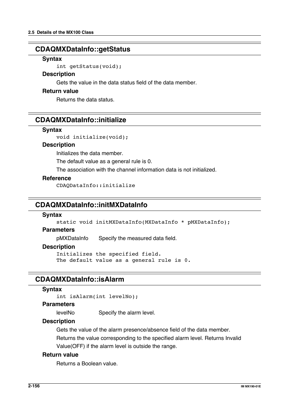 Cdaqmxdatainfo::getstatus, Cdaqmxdatainfo::initialize, Cdaqmxdatainfo::initmxdatainfo | Cdaqmxdatainfo::isalarm | Yokogawa PC-Based MX100 User Manual | Page 179 / 1264