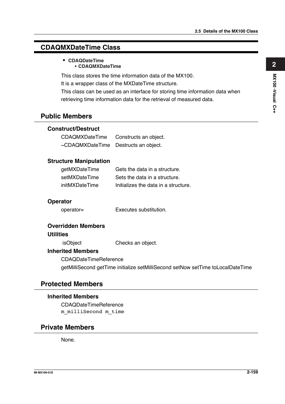 2cdaqmxdatetime class, Public members, Protected members | Private members | Yokogawa PC-Based MX100 User Manual | Page 182 / 1264