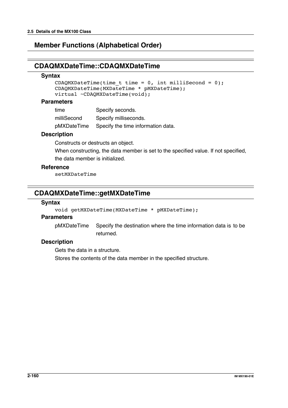 Cdaqmxdatetime::getmxdatetime | Yokogawa PC-Based MX100 User Manual | Page 183 / 1264