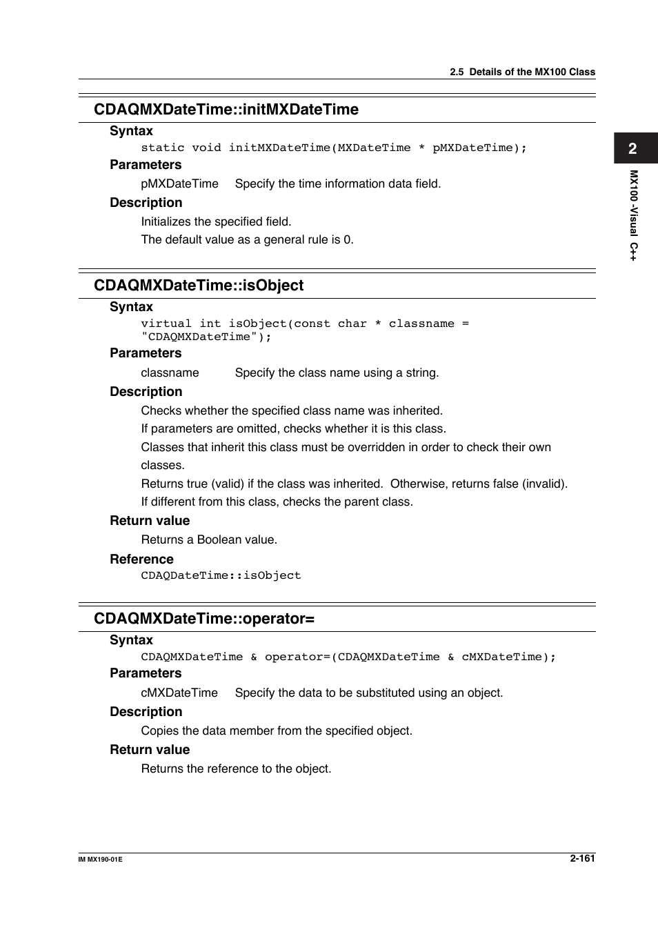 2cdaqmxdatetime::initmxdatetime, Cdaqmxdatetime::isobject, Cdaqmxdatetime::operator | Yokogawa PC-Based MX100 User Manual | Page 184 / 1264