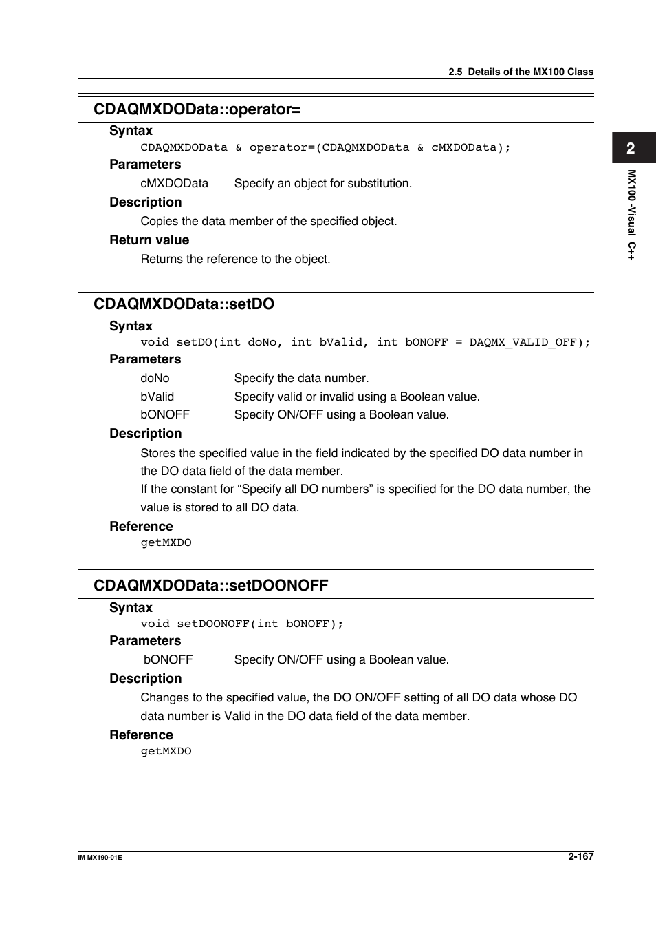 2cdaqmxdodata::operator, Cdaqmxdodata::setdo, Cdaqmxdodata::setdoonoff | Yokogawa PC-Based MX100 User Manual | Page 190 / 1264