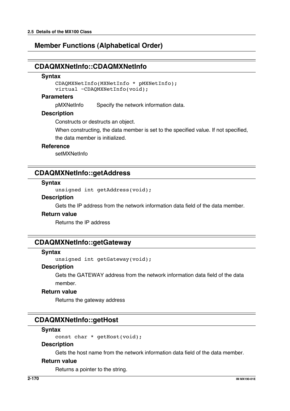 Cdaqmxnetinfo::getaddress, Cdaqmxnetinfo::getgateway, Cdaqmxnetinfo::gethost | Yokogawa PC-Based MX100 User Manual | Page 193 / 1264