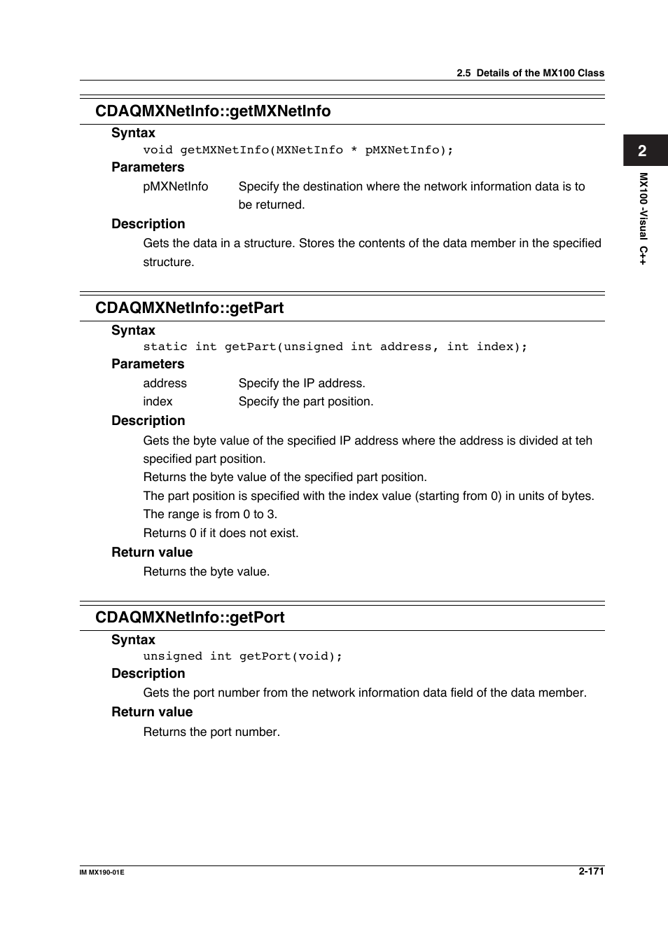 2cdaqmxnetinfo::getmxnetinfo, Cdaqmxnetinfo::getpart, Cdaqmxnetinfo::getport | Yokogawa PC-Based MX100 User Manual | Page 194 / 1264
