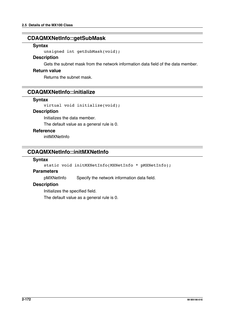 Cdaqmxnetinfo::getsubmask, Cdaqmxnetinfo::initialize, Cdaqmxnetinfo::initmxnetinfo | Yokogawa PC-Based MX100 User Manual | Page 195 / 1264