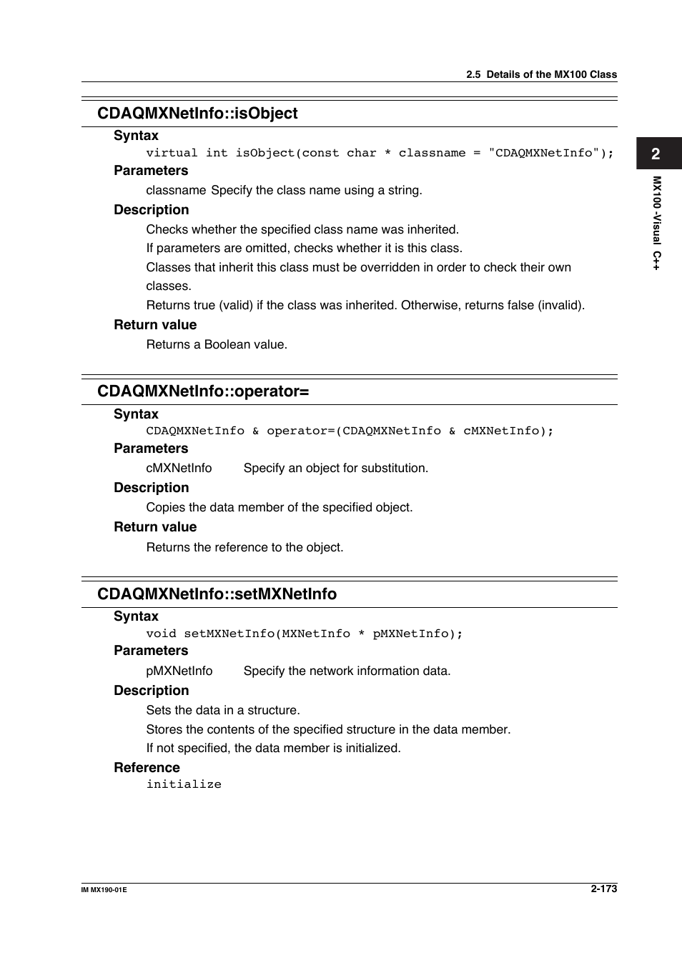 2cdaqmxnetinfo::isobject, Cdaqmxnetinfo::operator, Cdaqmxnetinfo::setmxnetinfo | Yokogawa PC-Based MX100 User Manual | Page 196 / 1264