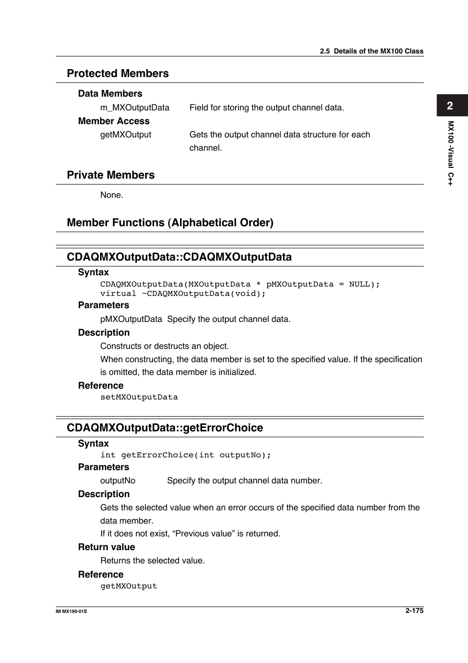 2protected members, Private members, Cdaqmxoutputdata::geterrorchoice | Yokogawa PC-Based MX100 User Manual | Page 198 / 1264