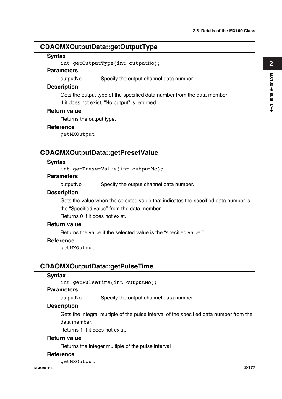 2cdaqmxoutputdata::getoutputtype, Cdaqmxoutputdata::getpresetvalue, Cdaqmxoutputdata::getpulsetime | Yokogawa PC-Based MX100 User Manual | Page 200 / 1264