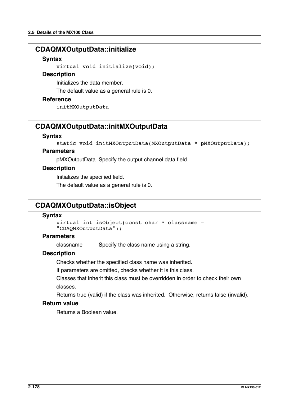 Cdaqmxoutputdata::initialize, Cdaqmxoutputdata::initmxoutputdata, Cdaqmxoutputdata::isobject | Yokogawa PC-Based MX100 User Manual | Page 201 / 1264