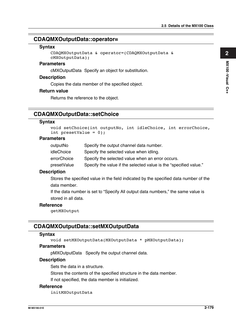 2cdaqmxoutputdata::operator, Cdaqmxoutputdata::setchoice, Cdaqmxoutputdata::setmxoutputdata | Yokogawa PC-Based MX100 User Manual | Page 202 / 1264