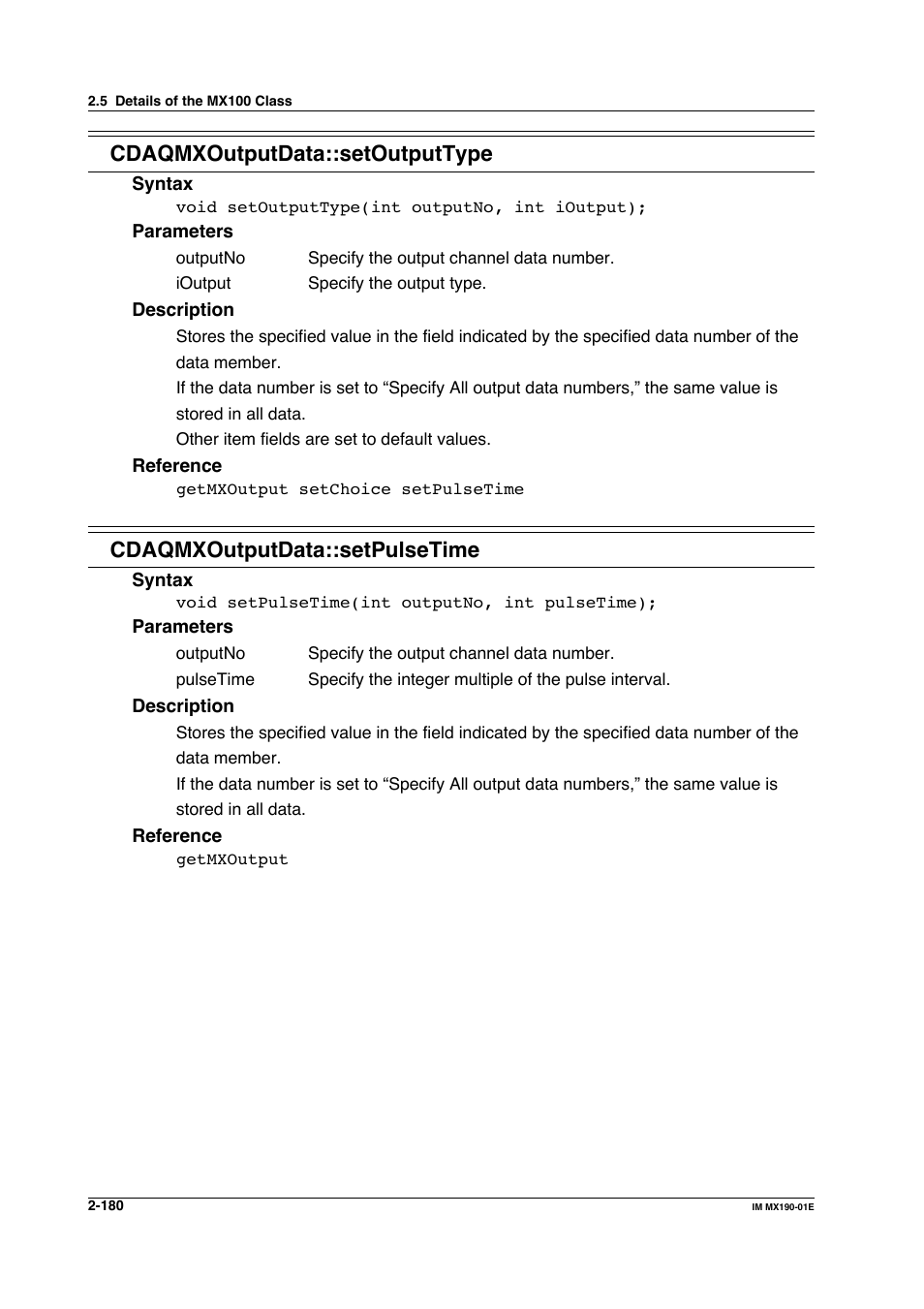 Cdaqmxoutputdata::setoutputtype, Cdaqmxoutputdata::setpulsetime | Yokogawa PC-Based MX100 User Manual | Page 203 / 1264