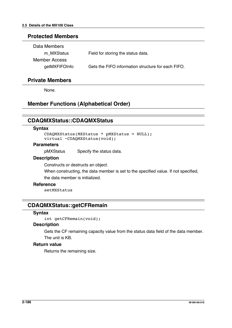 Protected members, Private members, Cdaqmxstatus::getcfremain | Yokogawa PC-Based MX100 User Manual | Page 209 / 1264