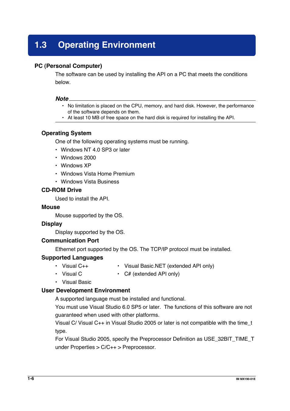 3 operating environment, Operating environment -6 | Yokogawa PC-Based MX100 User Manual | Page 21 / 1264