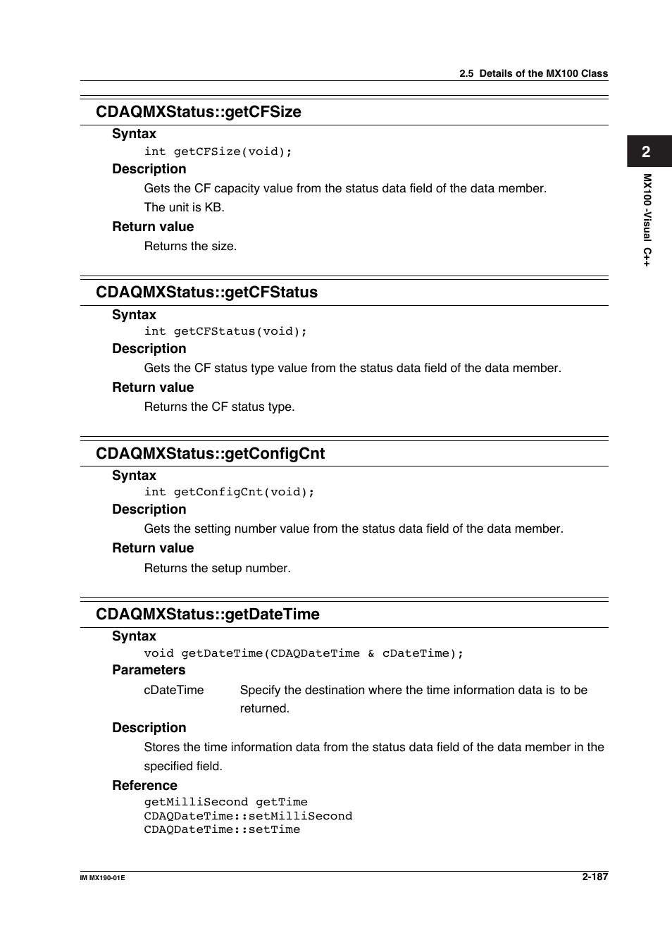 2cdaqmxstatus::getcfsize, Cdaqmxstatus::getcfstatus, Cdaqmxstatus::getconfigcnt | Cdaqmxstatus::getdatetime | Yokogawa PC-Based MX100 User Manual | Page 210 / 1264