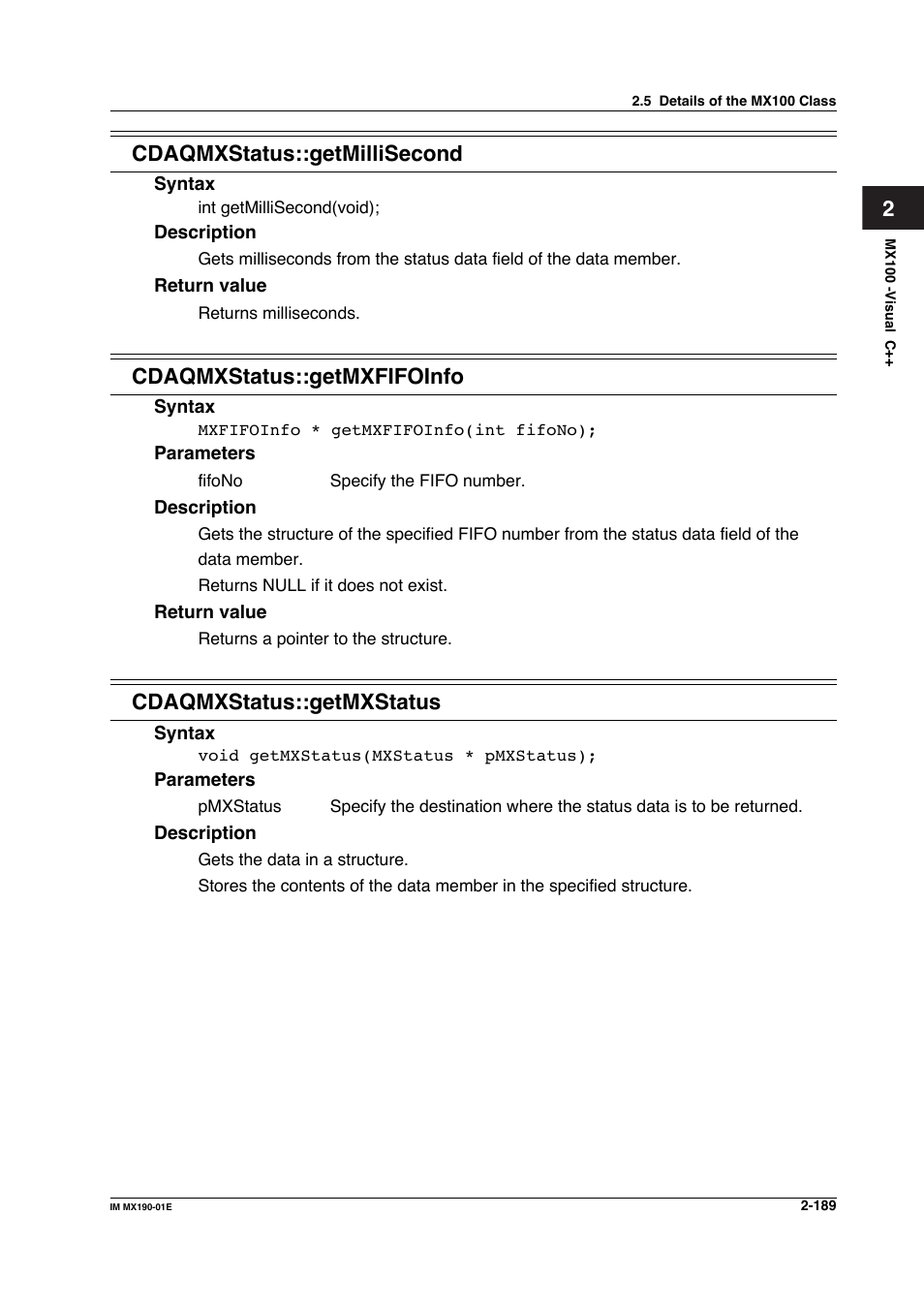 2cdaqmxstatus::getmillisecond, Cdaqmxstatus::getmxfifoinfo, Cdaqmxstatus::getmxstatus | Yokogawa PC-Based MX100 User Manual | Page 212 / 1264