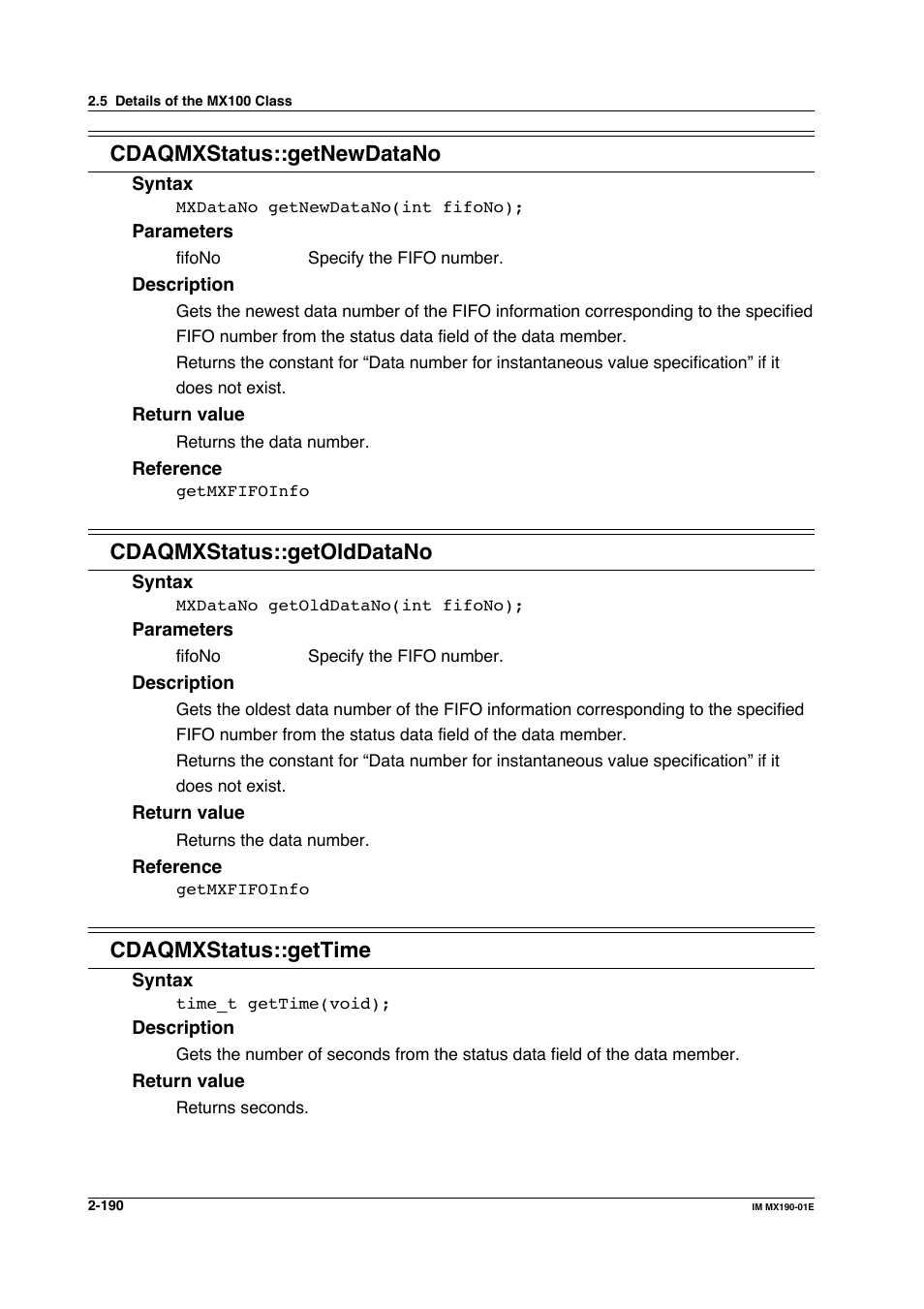 Cdaqmxstatus::getnewdatano, Cdaqmxstatus::getolddatano, Cdaqmxstatus::gettime | Yokogawa PC-Based MX100 User Manual | Page 213 / 1264