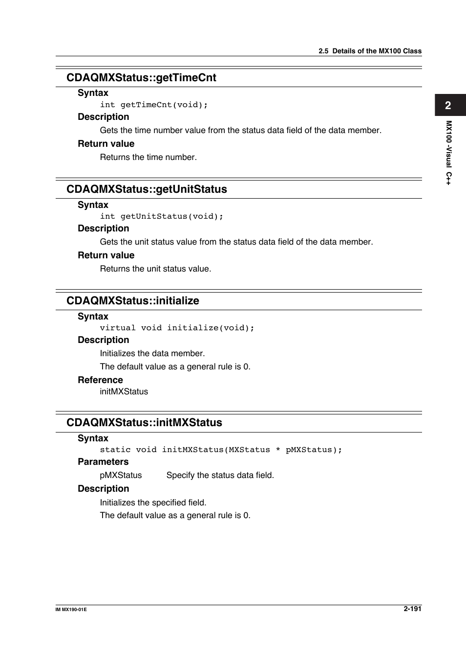 2cdaqmxstatus::gettimecnt, Cdaqmxstatus::getunitstatus, Cdaqmxstatus::initialize | Cdaqmxstatus::initmxstatus | Yokogawa PC-Based MX100 User Manual | Page 214 / 1264