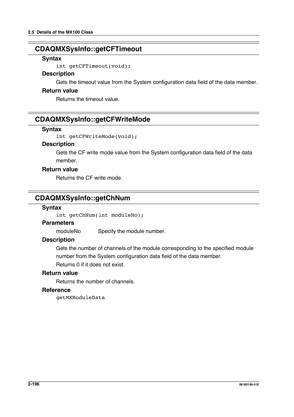 Cdaqmxsysinfo::getcftimeout, Cdaqmxsysinfo::getcfwritemode, Cdaqmxsysinfo::getchnum | Yokogawa PC-Based MX100 User Manual | Page 219 / 1264