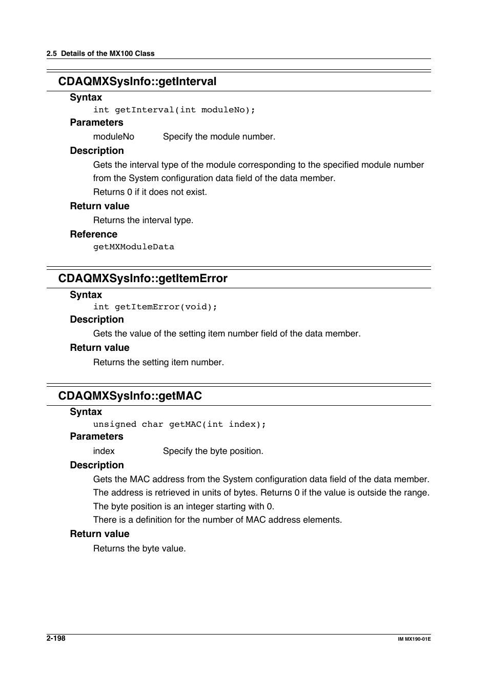 Cdaqmxsysinfo::getinterval, Cdaqmxsysinfo::getitemerror, Cdaqmxsysinfo::getmac | Yokogawa PC-Based MX100 User Manual | Page 221 / 1264