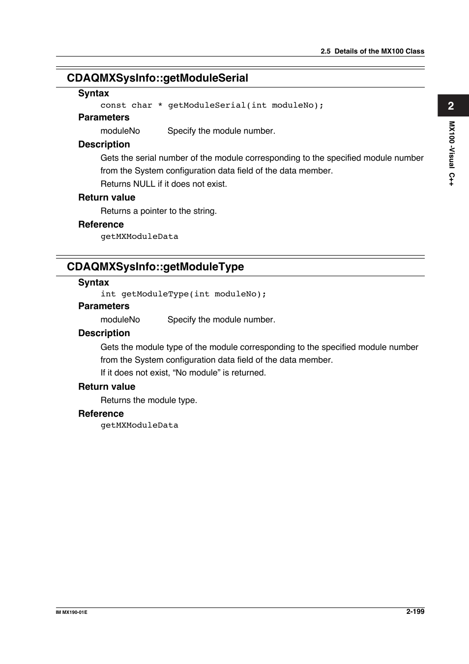 2cdaqmxsysinfo::getmoduleserial, Cdaqmxsysinfo::getmoduletype | Yokogawa PC-Based MX100 User Manual | Page 222 / 1264