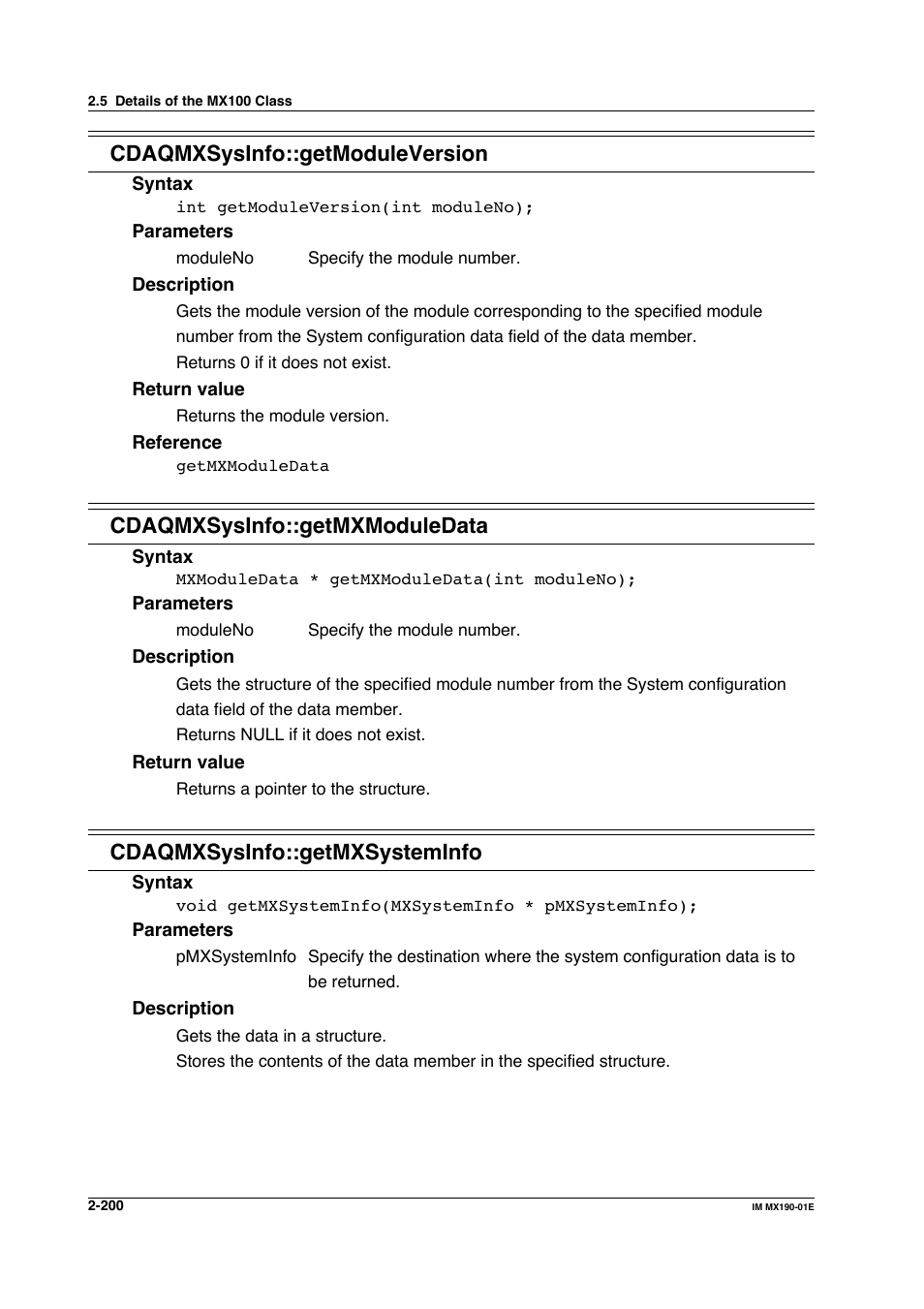 Cdaqmxsysinfo::getmoduleversion, Cdaqmxsysinfo::getmxmoduledata, Cdaqmxsysinfo::getmxsysteminfo | Yokogawa PC-Based MX100 User Manual | Page 223 / 1264