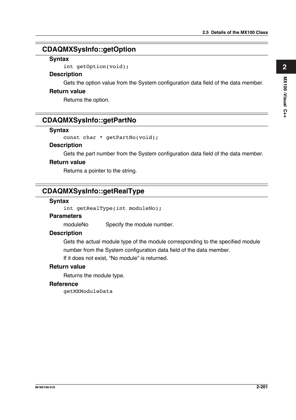 2cdaqmxsysinfo::getoption, Cdaqmxsysinfo::getpartno, Cdaqmxsysinfo::getrealtype | Yokogawa PC-Based MX100 User Manual | Page 224 / 1264