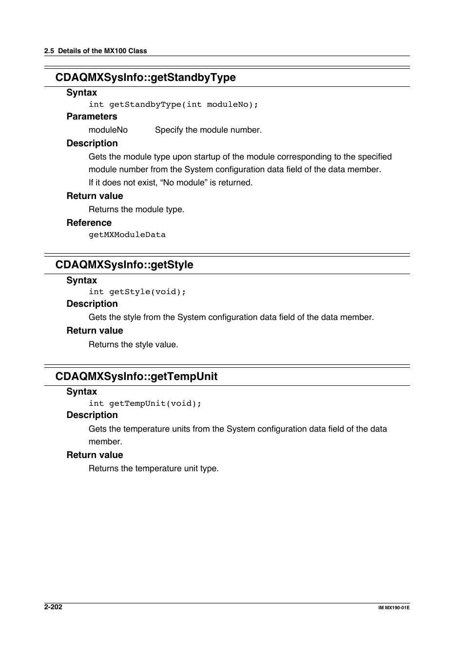 Cdaqmxsysinfo::getstandbytype, Cdaqmxsysinfo::getstyle, Cdaqmxsysinfo::gettempunit | Yokogawa PC-Based MX100 User Manual | Page 225 / 1264