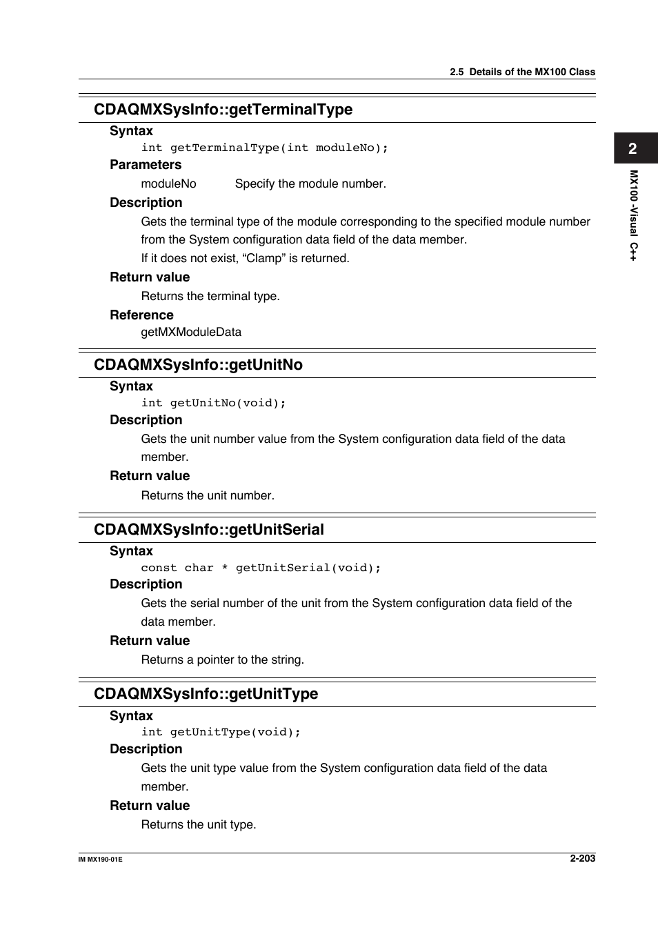 2cdaqmxsysinfo::getterminaltype, Cdaqmxsysinfo::getunitno, Cdaqmxsysinfo::getunitserial | Cdaqmxsysinfo::getunittype | Yokogawa PC-Based MX100 User Manual | Page 226 / 1264