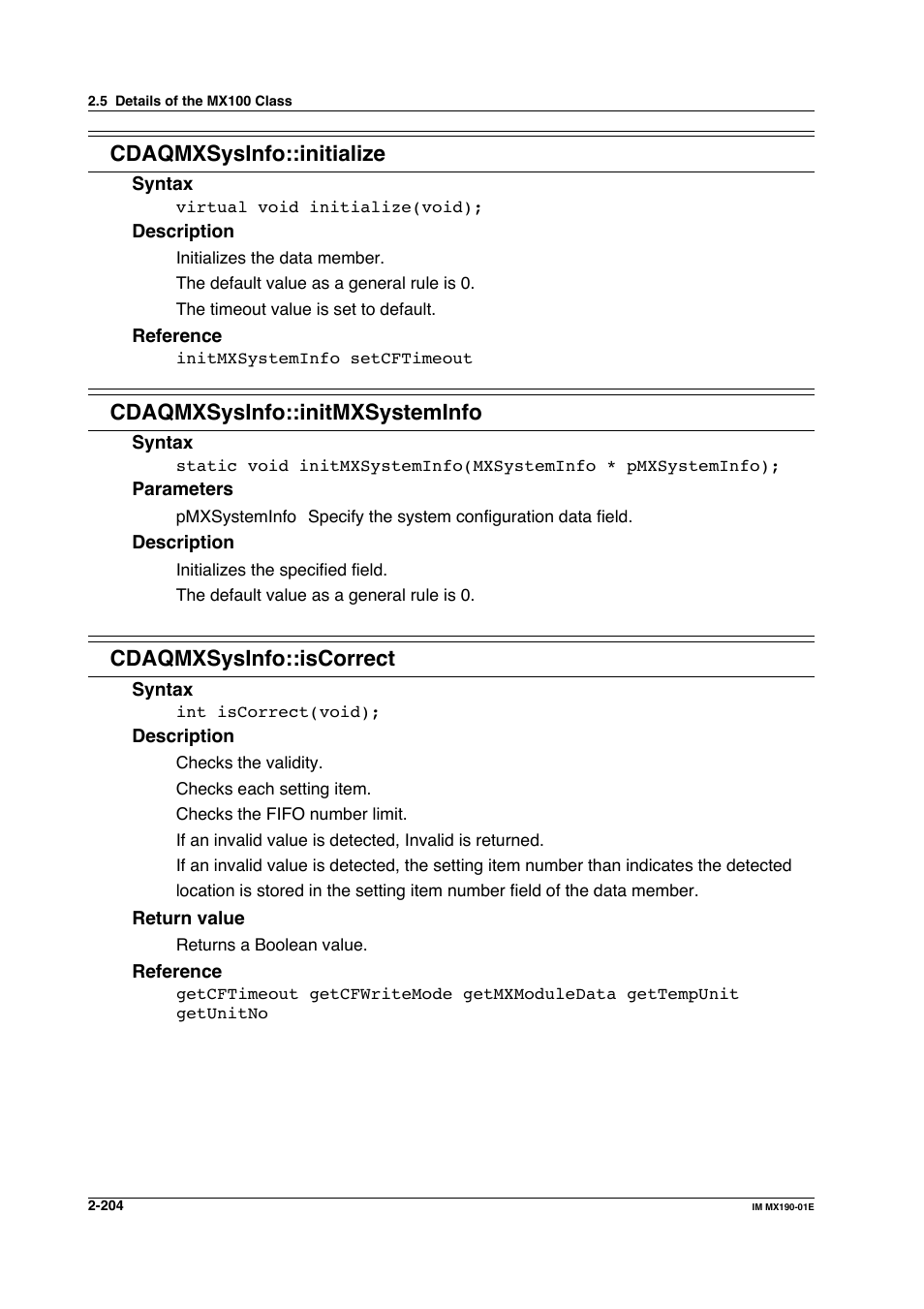 Cdaqmxsysinfo::initialize, Cdaqmxsysinfo::initmxsysteminfo, Cdaqmxsysinfo::iscorrect | Yokogawa PC-Based MX100 User Manual | Page 227 / 1264