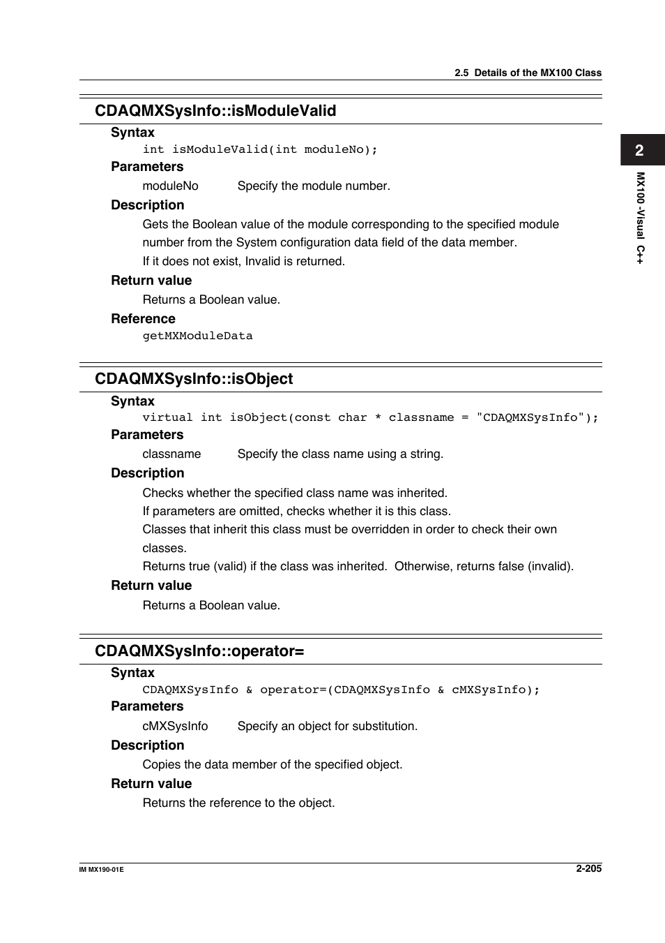 2cdaqmxsysinfo::ismodulevalid, Cdaqmxsysinfo::isobject, Cdaqmxsysinfo::operator | Yokogawa PC-Based MX100 User Manual | Page 228 / 1264