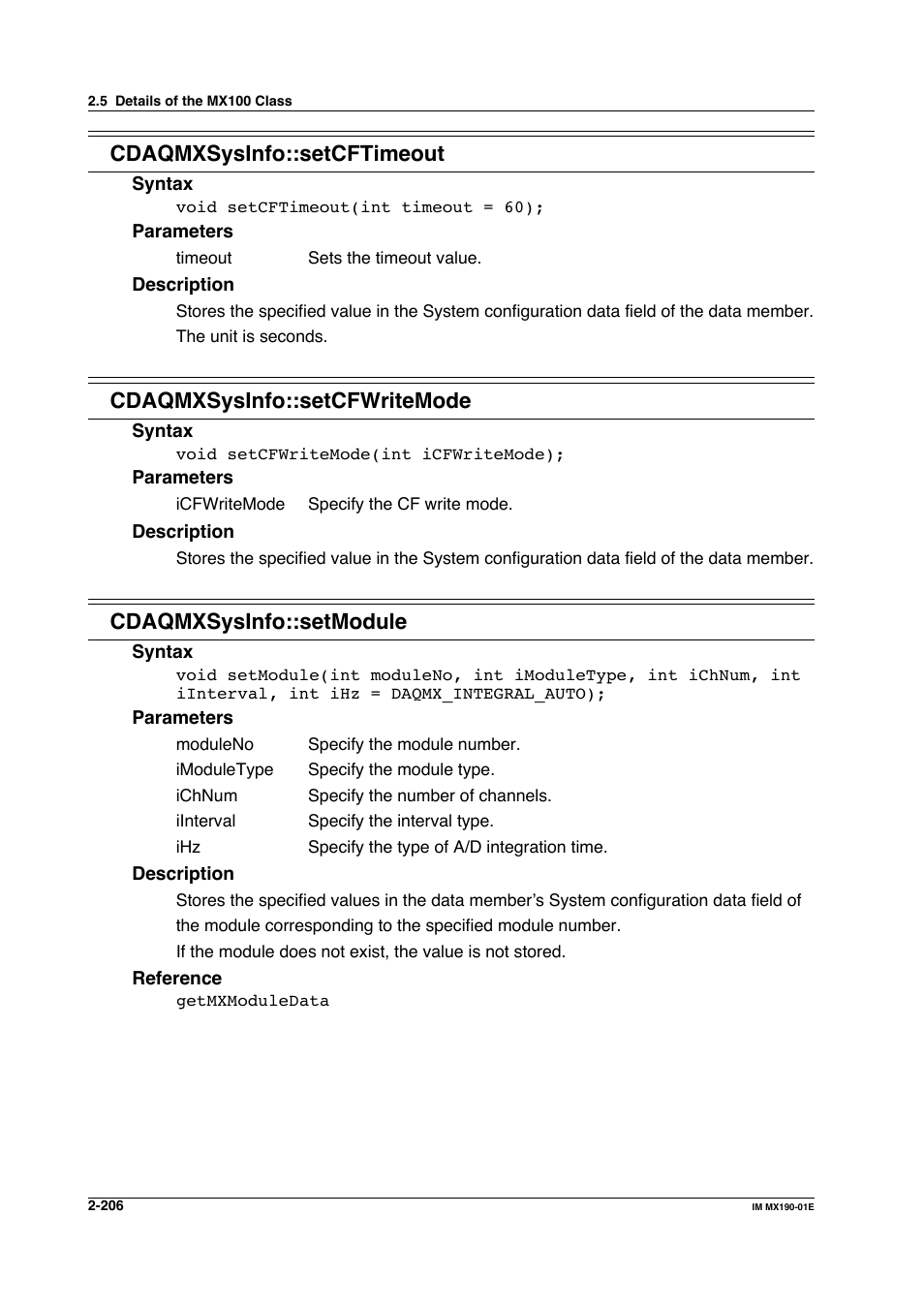 Cdaqmxsysinfo::setcftimeout, Cdaqmxsysinfo::setcfwritemode, Cdaqmxsysinfo::setmodule | Yokogawa PC-Based MX100 User Manual | Page 229 / 1264