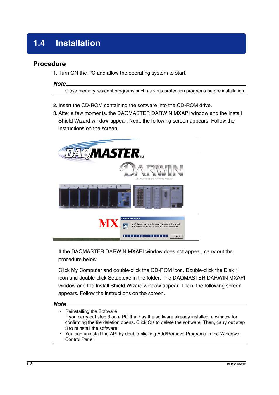 4 installation, Installation -8, Procedure | Yokogawa PC-Based MX100 User Manual | Page 23 / 1264