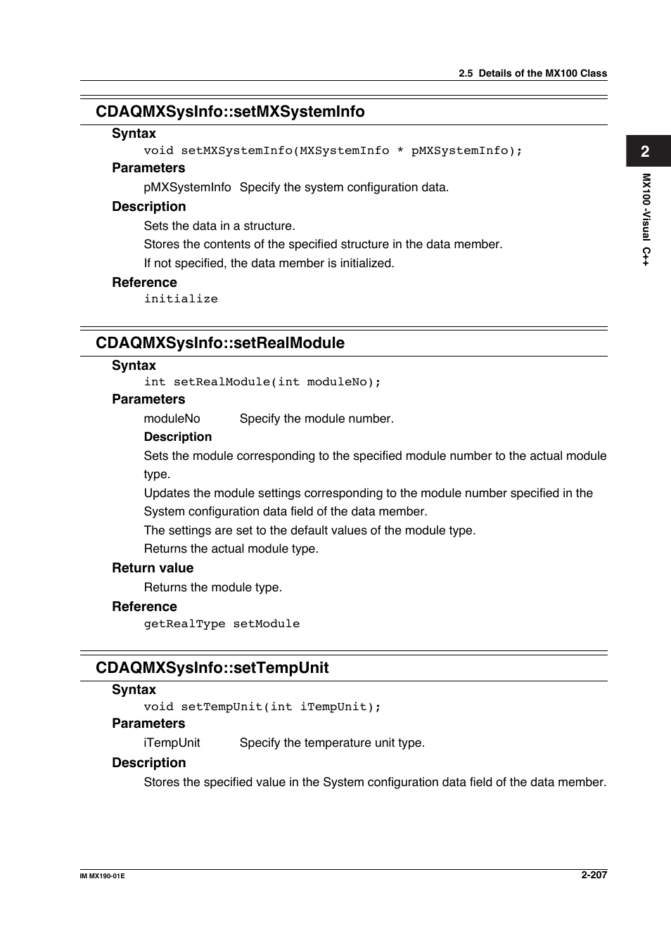 2cdaqmxsysinfo::setmxsysteminfo, Cdaqmxsysinfo::setrealmodule, Cdaqmxsysinfo::settempunit | Yokogawa PC-Based MX100 User Manual | Page 230 / 1264